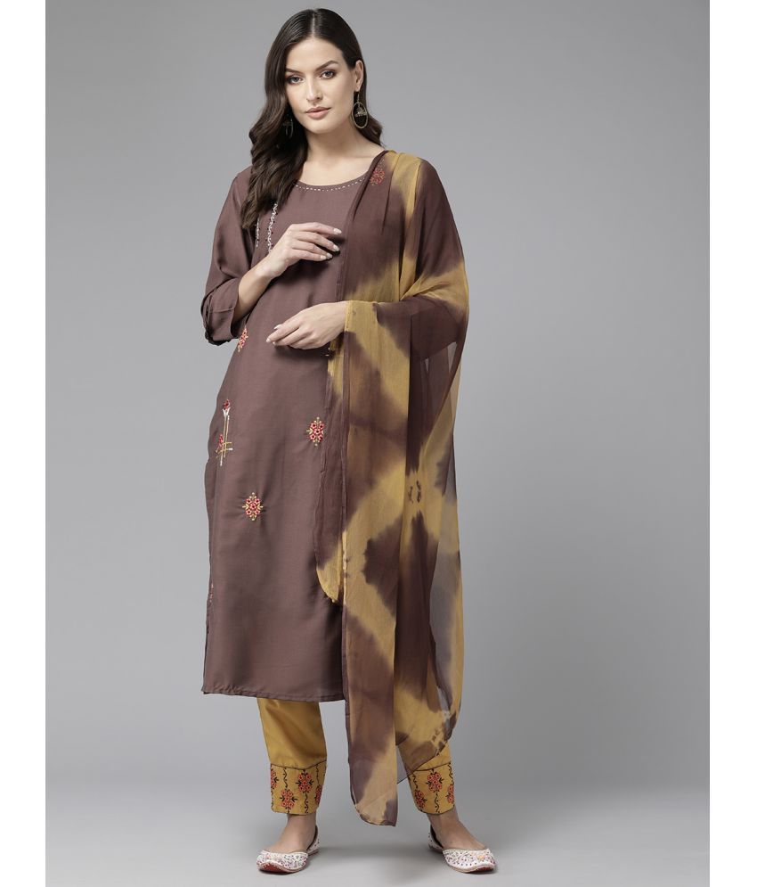     			Aarika Cotton Blend Embroidered Kurti With Pants Women's Stitched Salwar Suit - Brown ( Pack of 1 )