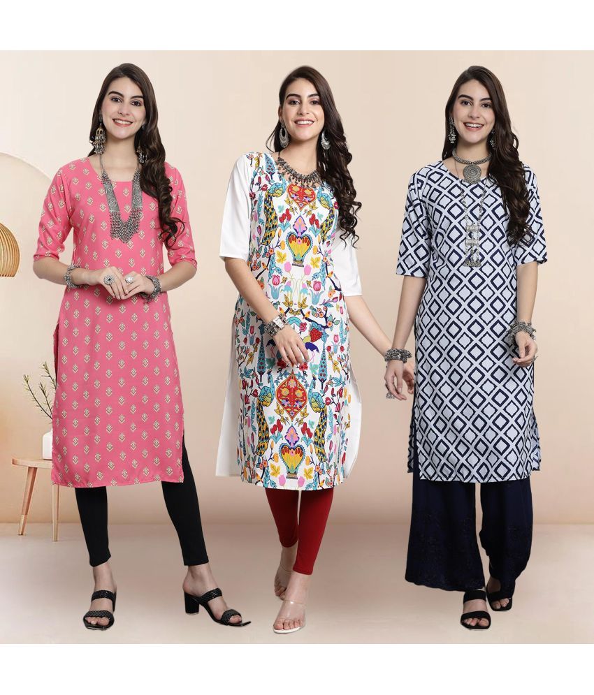     			Ethnicbasket Pack of 3 Crepe Printed Straight Women's Kurti - ( Multicolor )