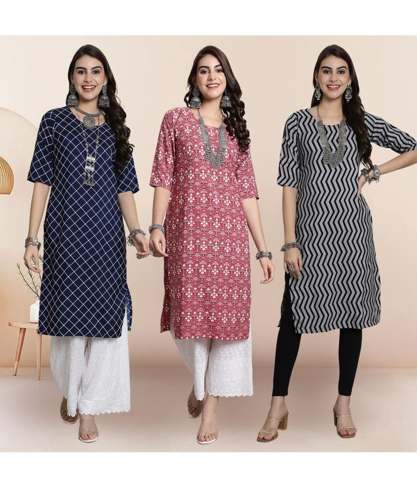     			Ethnicbasket Pack of 3 Crepe Printed Straight Women's Kurti - ( Multicolor )