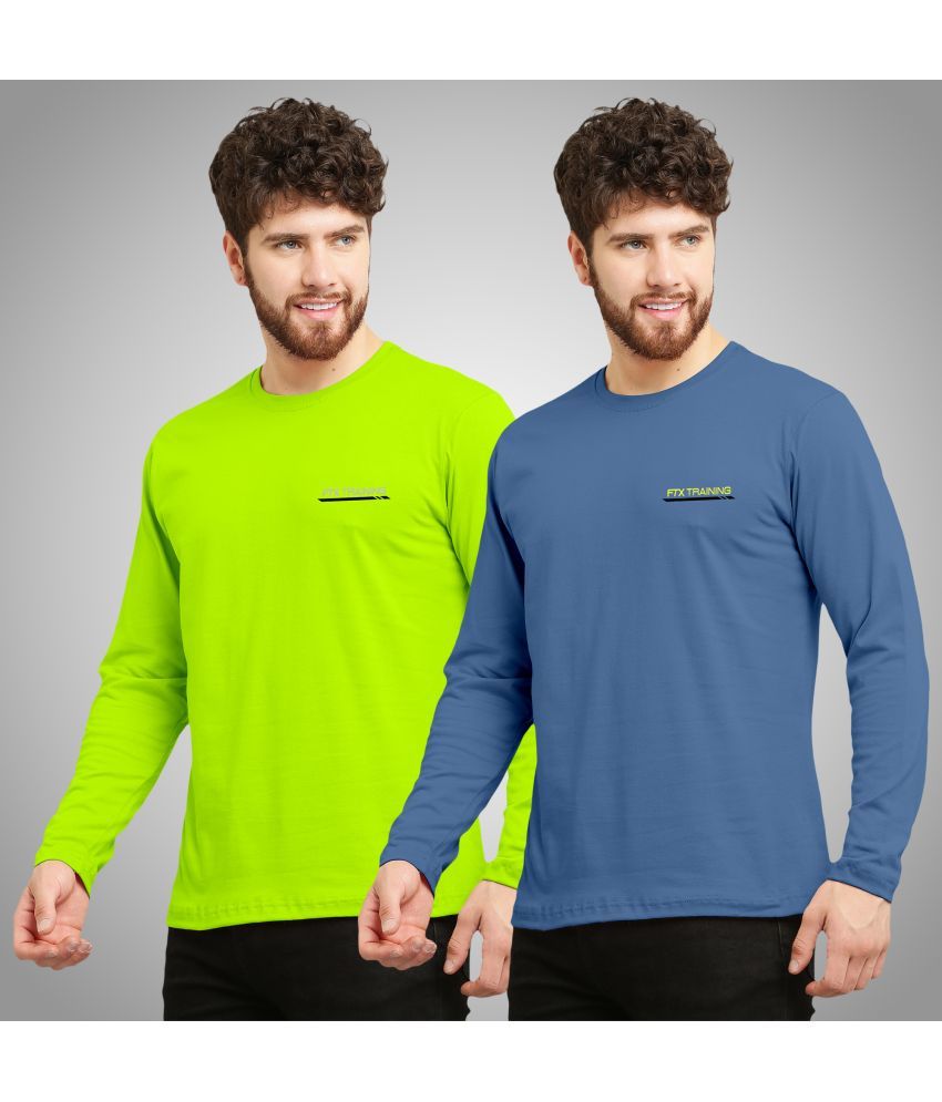     			FTX Cotton Blend Regular Fit Solid Full Sleeves Men's Round T-Shirt - Fluorescent Green ( Pack of 2 )