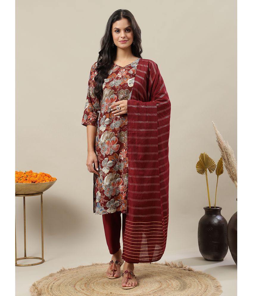     			Flamboyant Chanderi Printed Kurti With Pants Women's Stitched Salwar Suit - Maroon ( Pack of 3 )