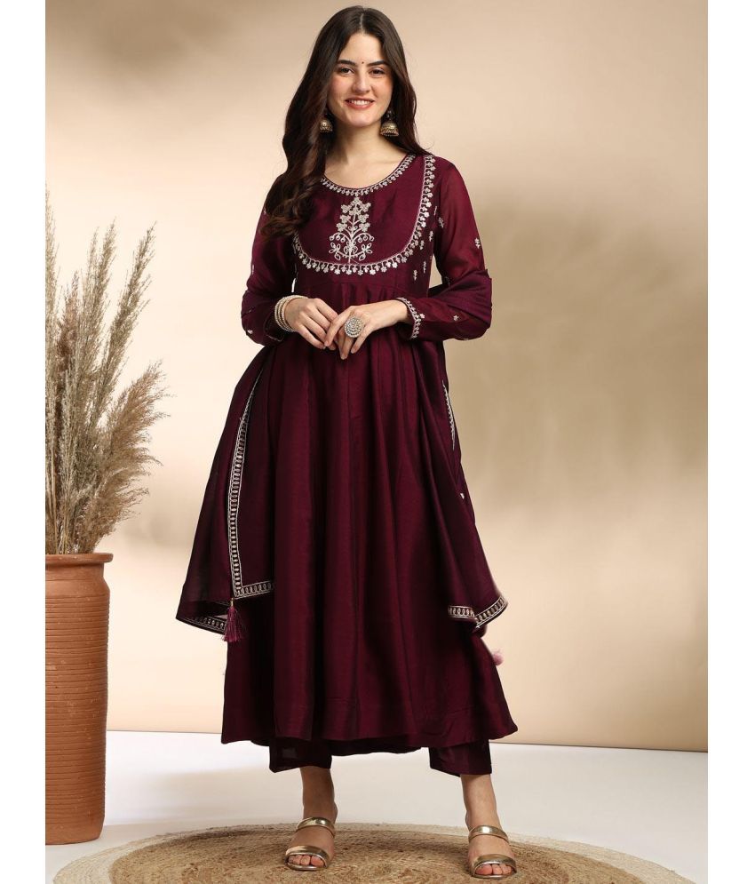     			KIRMESH FAISHON Silk Embroidered Kurti With Pants Women's Stitched Salwar Suit - Maroon ( Pack of 1 )