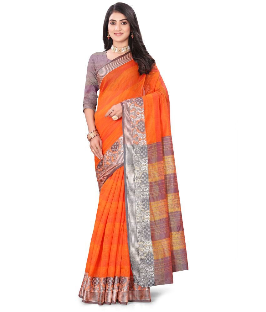     			Magneitta Cotton Blend Woven Saree With Blouse Piece ( Orange , Pack of 1 )