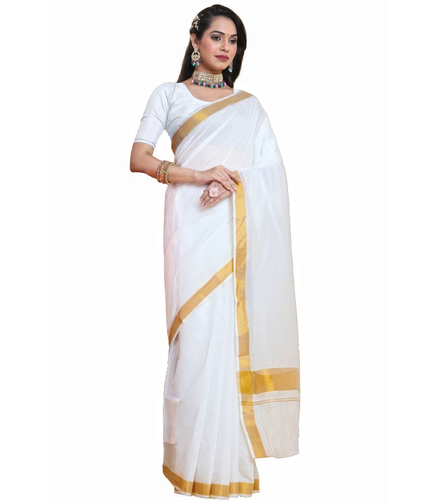     			Magneitta Cotton Self Design Saree With Blouse Piece ( White , Pack of 1 )