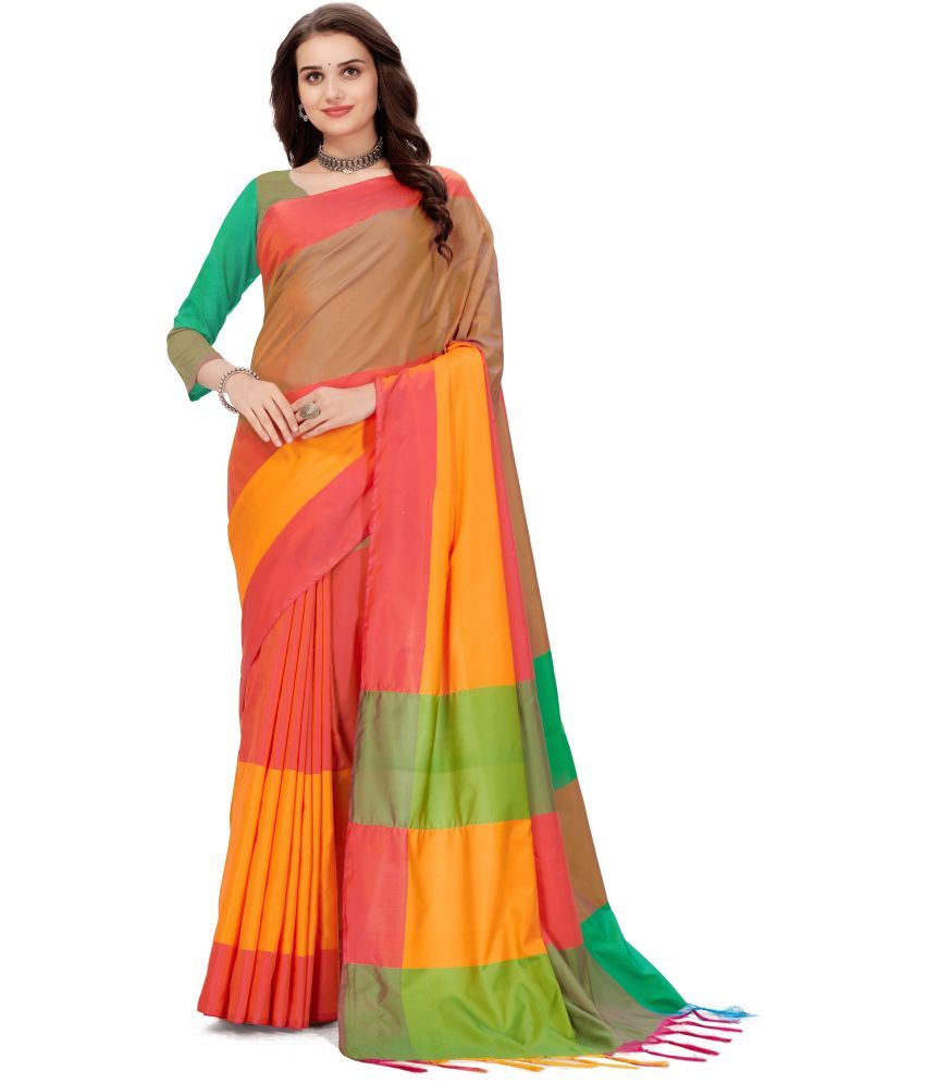     			Magneitta Cotton Silk Colorblock Saree With Blouse Piece ( Orange , Pack of 1 )