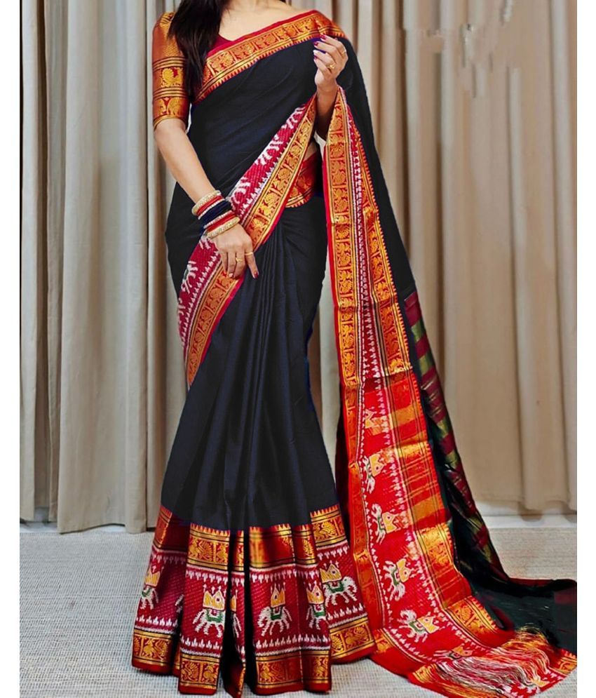     			Magneitta Cotton Silk Woven Saree With Blouse Piece ( Black , Pack of 1 )