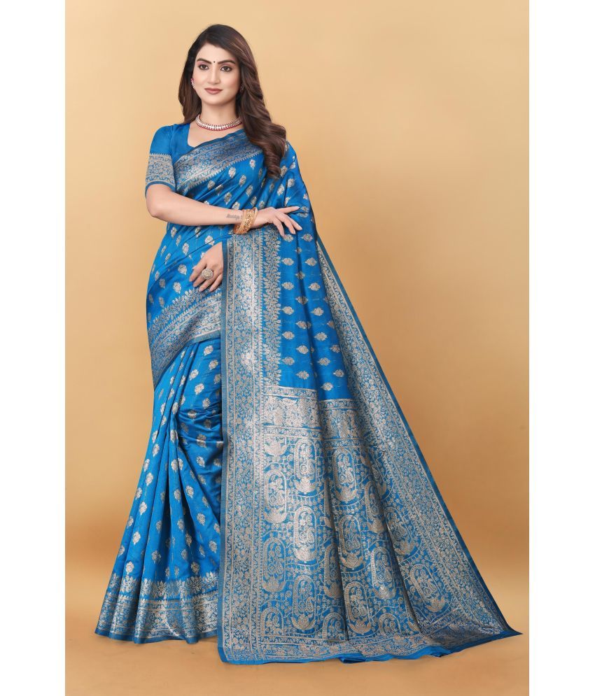     			Magneitta Silk Woven Saree With Blouse Piece ( Blue , Pack of 1 )