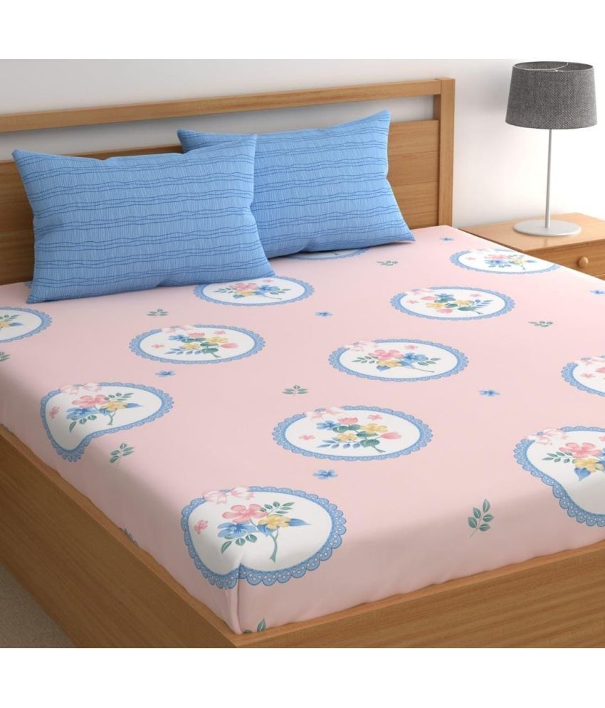     			NeLeo Poly Cotton Floral Fitted 1 Bedsheet with 2 Pillow Covers ( King Size ) - Peach