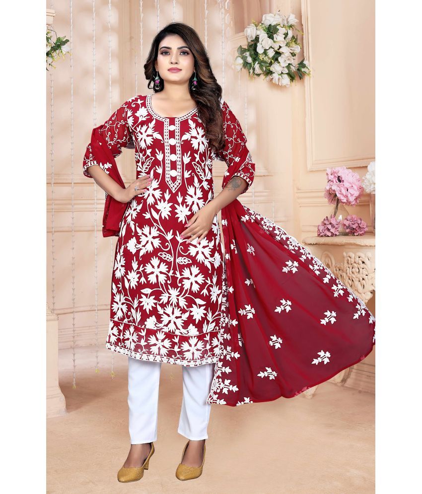     			Shree Ganesh Fashion Georgette Embroidered Kurti With Pants Women's Stitched Salwar Suit - Red ( Pack of 1 )