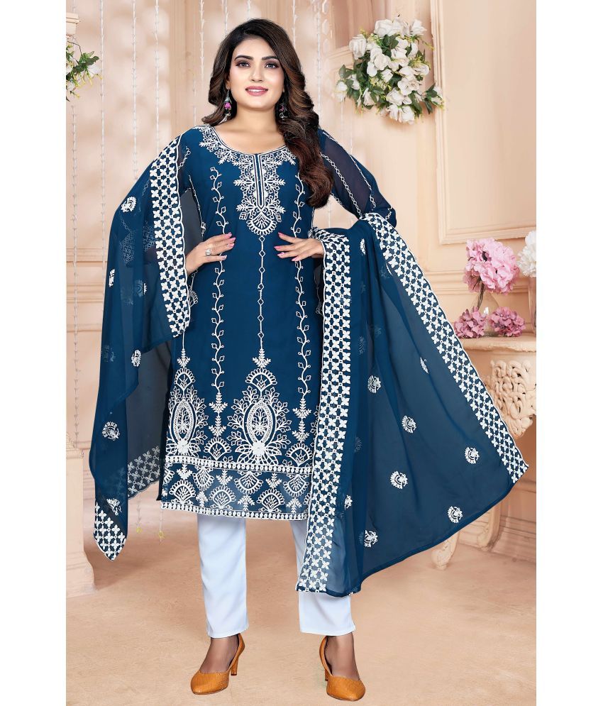     			Shree Ganesh Fashion Georgette Embroidered Kurti With Pants Women's Stitched Salwar Suit - Aqua Blue ( Pack of 1 )