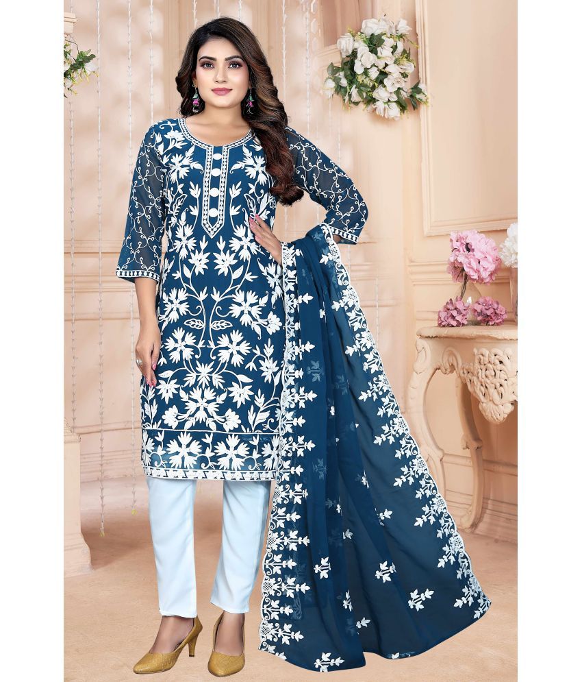     			Shree Ganesh Fashion Georgette Embroidered Kurti With Pants Women's Stitched Salwar Suit - Aqua Blue ( Pack of 1 )