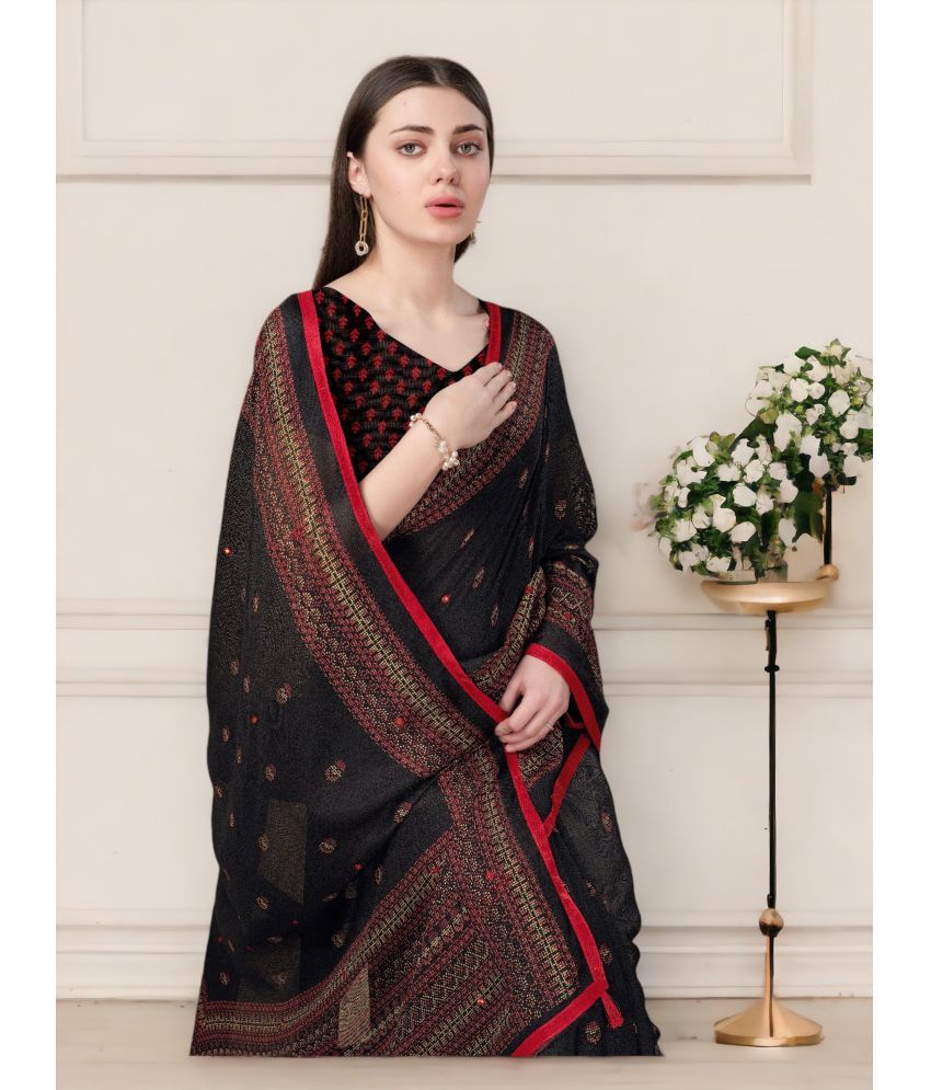     			TTH Cotton Blend Printed Saree With Blouse Piece ( Black , Pack of 1 )