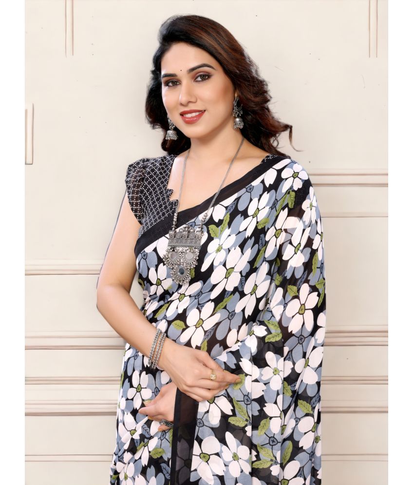     			TTH Georgette Printed Saree With Blouse Piece ( Black , Pack of 1 )