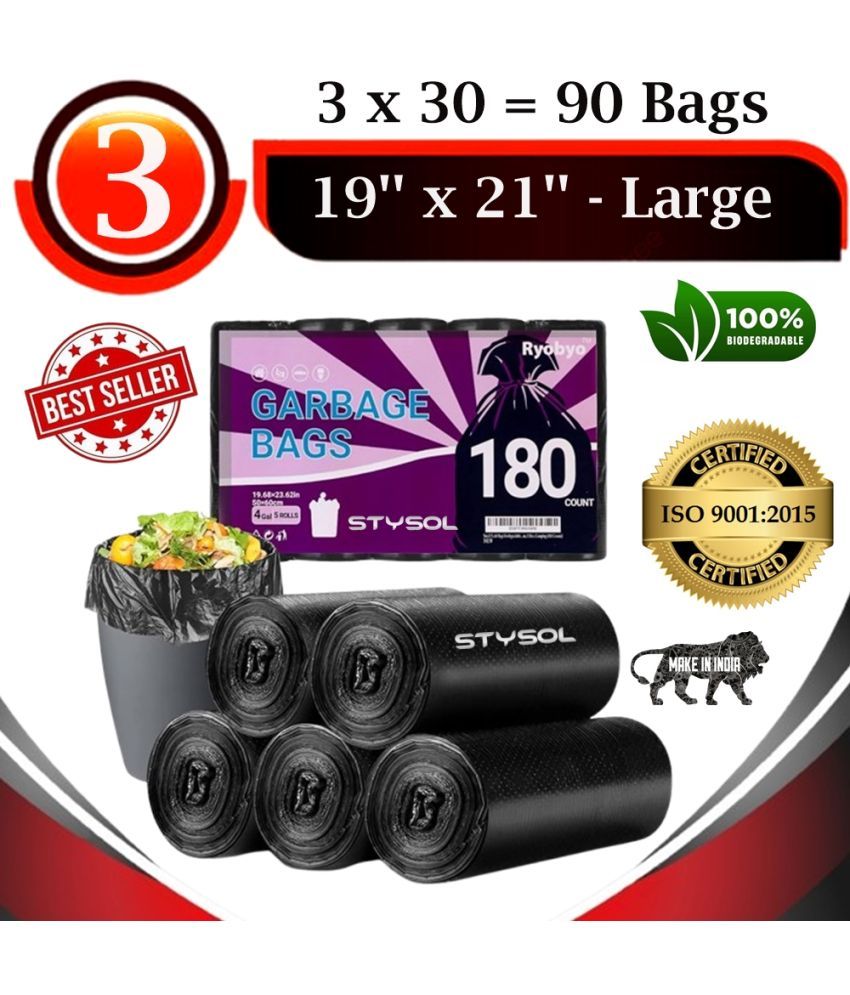     			Useful Garbage Bags / Dustbin Bags (Pack Of 3 Roll) 90 Bags for Home, kitchen & office use/ 100% Biodegradable /140+ Micron