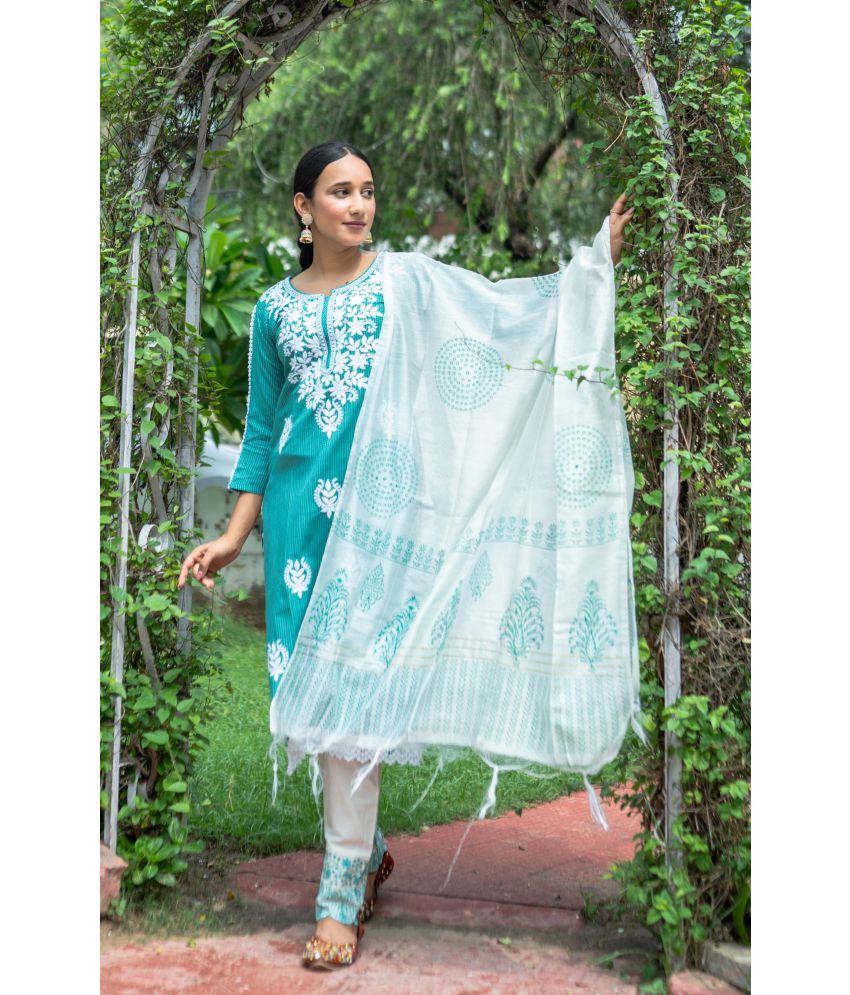     			anushansa Cotton Blend Embroidered Kurti With Pants Women's Stitched Salwar Suit - Light Blue ( Pack of 1 )