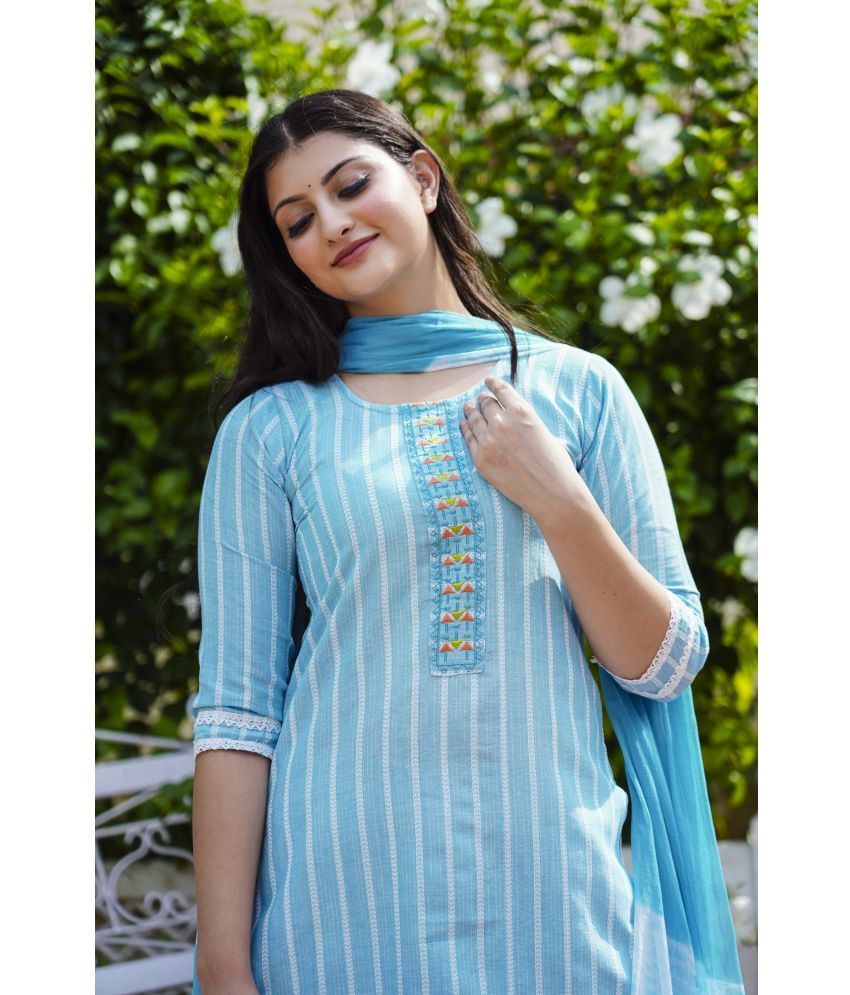     			anushansa Cotton Blend Printed Kurti With Pants Women's Stitched Salwar Suit - Blue ( Pack of 1 )