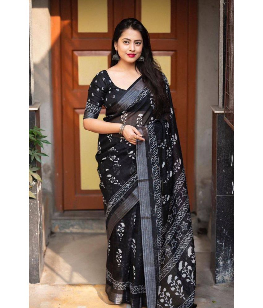     			fvd Linen Printed Saree With Blouse Piece ( Black , Pack of 1 )