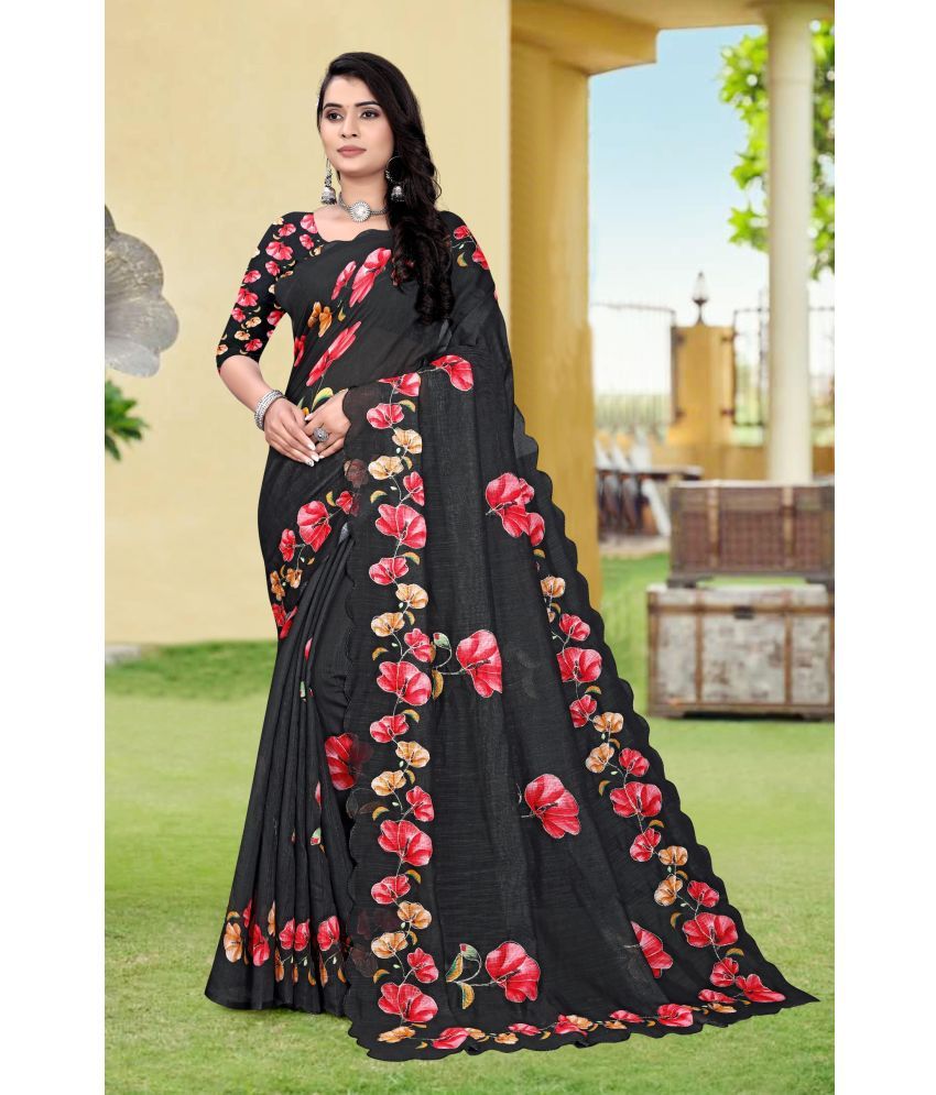     			supalee Tex Linen Printed Saree With Blouse Piece ( Black , Pack of 1 )