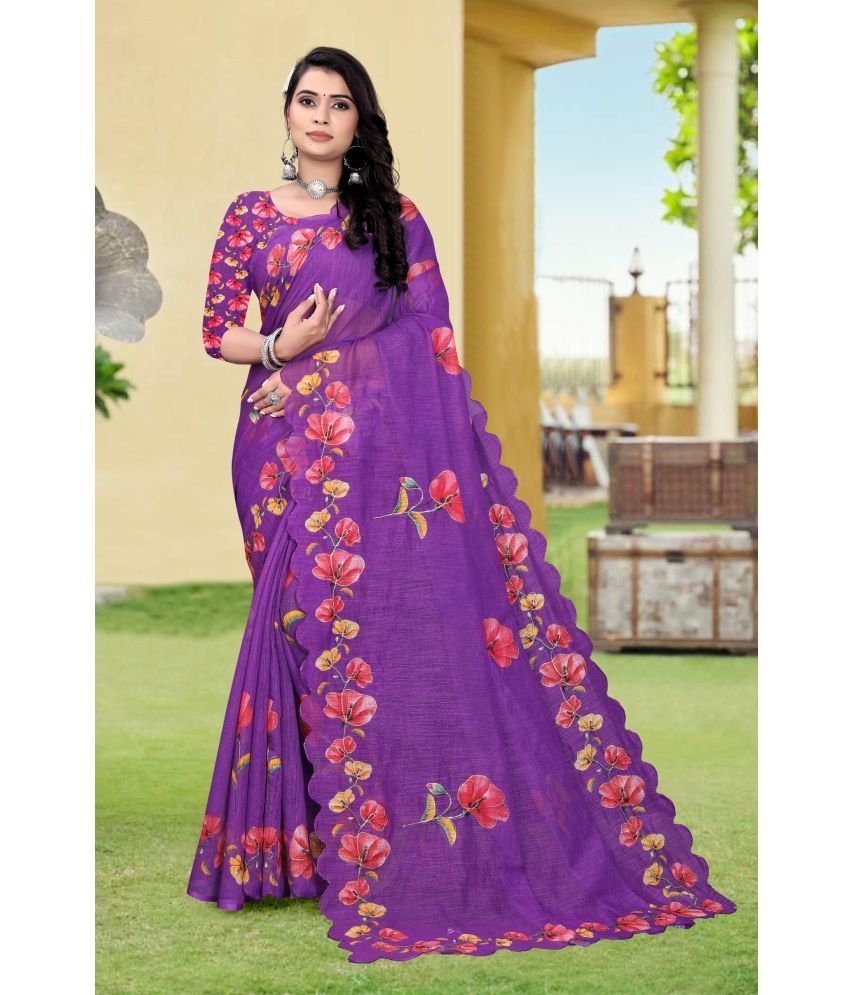     			supalee Tex Linen Printed Saree With Blouse Piece ( Purple , Pack of 1 )