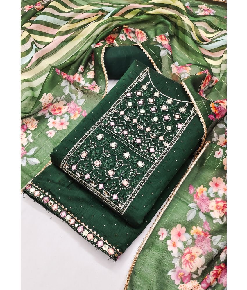     			tavas Unstitched Chanderi Embroidered Dress Material - Dark Green ( Pack of 1 )