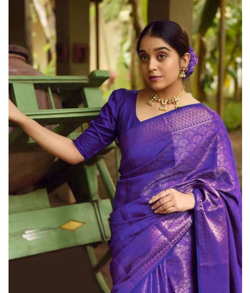     			A TO Z CART Silk Blend Embellished Saree With Blouse Piece ( Purple , Pack of 1 )