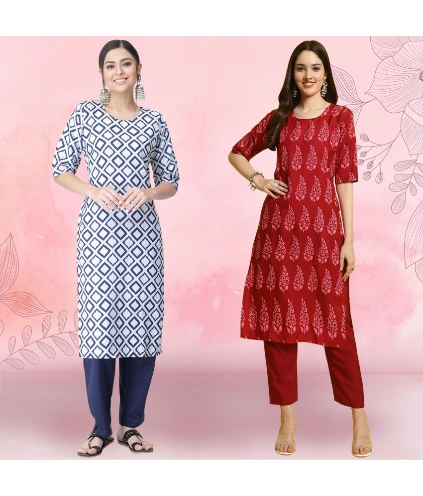     			Ethnicbasket Crepe Printed Kurti With Pants Women's Stitched Salwar Suit - Red ( Pack of 2 )