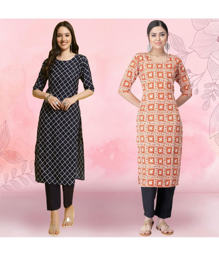     			Ethnicbasket Crepe Printed Kurti With Pants Women's Stitched Salwar Suit - Orange ( Pack of 2 )