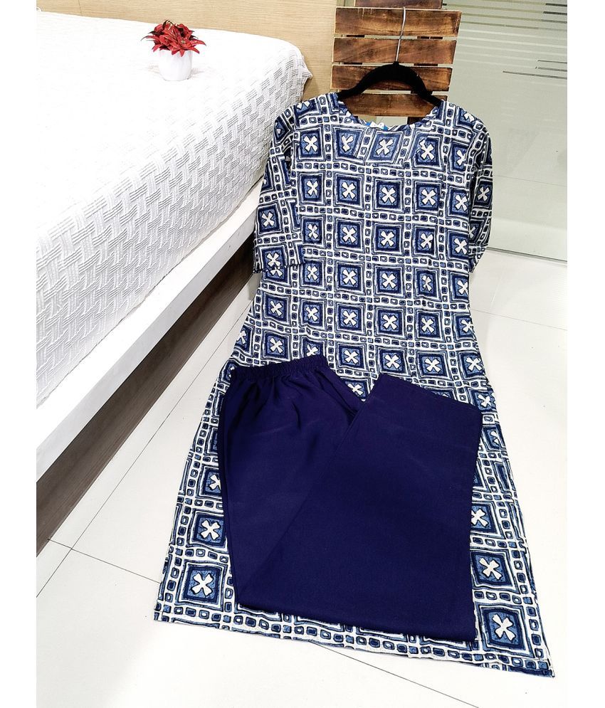     			Ethnicbasket Pack of 1 Crepe Printed Straight Women's Kurti - ( Navy Blue )