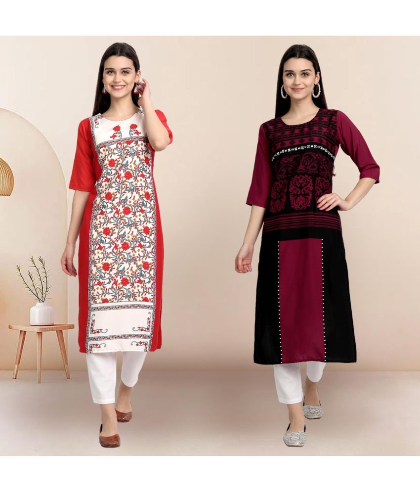     			Ethnicbasket Pack of 2 Crepe Printed Straight Women's Kurti - ( Multicolor4 )