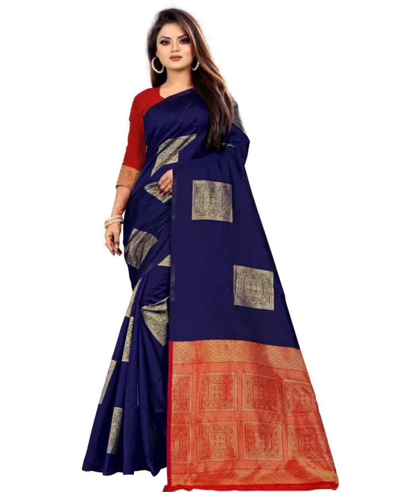     			Lady Shopi Silk Blend Embellished Saree With Blouse Piece ( Navy Blue , Pack of 1 )