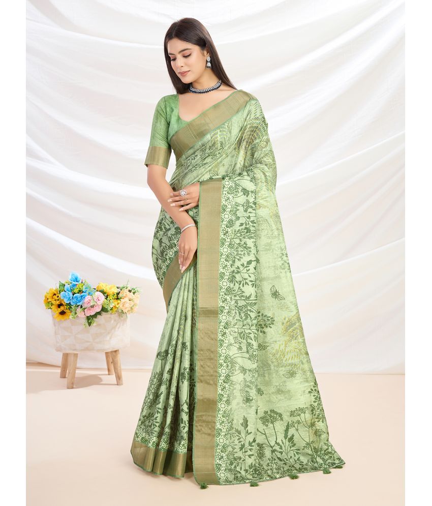     			Rekha Maniyar Silk Blend Printed Saree With Blouse Piece ( Green , Pack of 1 )