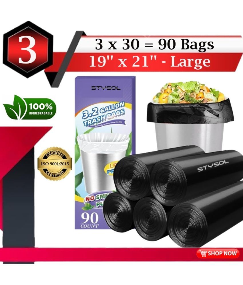     			90 Bags (3 Rolls)  Premium Biodegradable Garbage Bags 19 X 21 Inches (Medium Size) Dustbin Bag/Trash Bag - Black Color