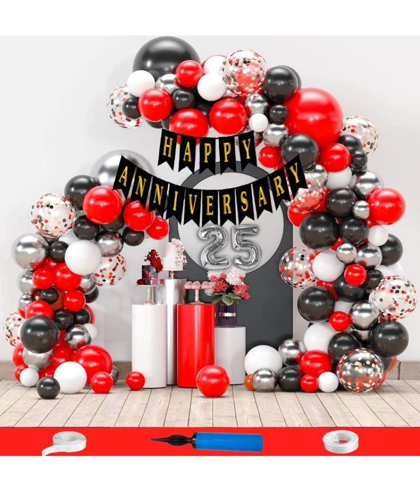     			CRAZYKART 25th Happy Anniversary Decoration Items Kit Combo For Wedding Party Decoration Pack Of 111 Pcs Red Black White Silver