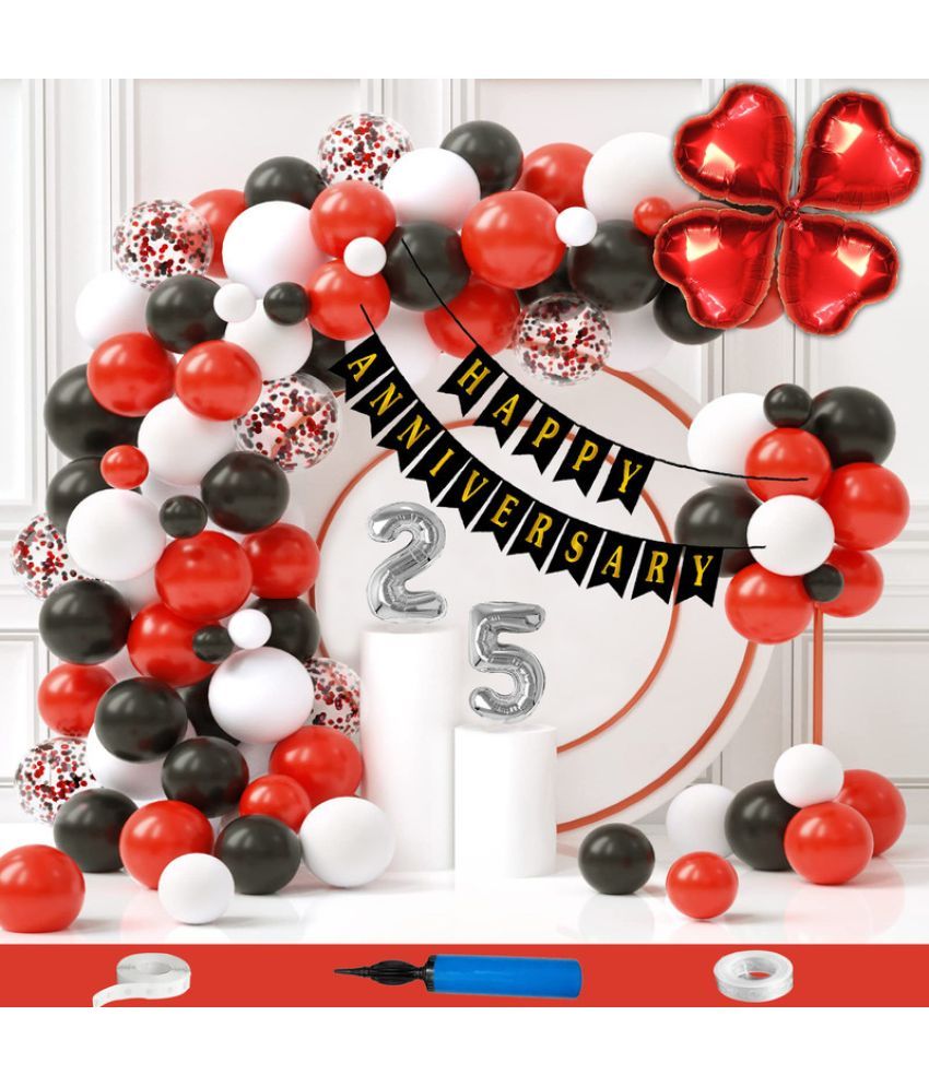     			CRAZYKART 25th Happy Anniversary Decoration Items Kit Combo For Wedding Party Decoration Pack Of 90 Pcs Red Black White