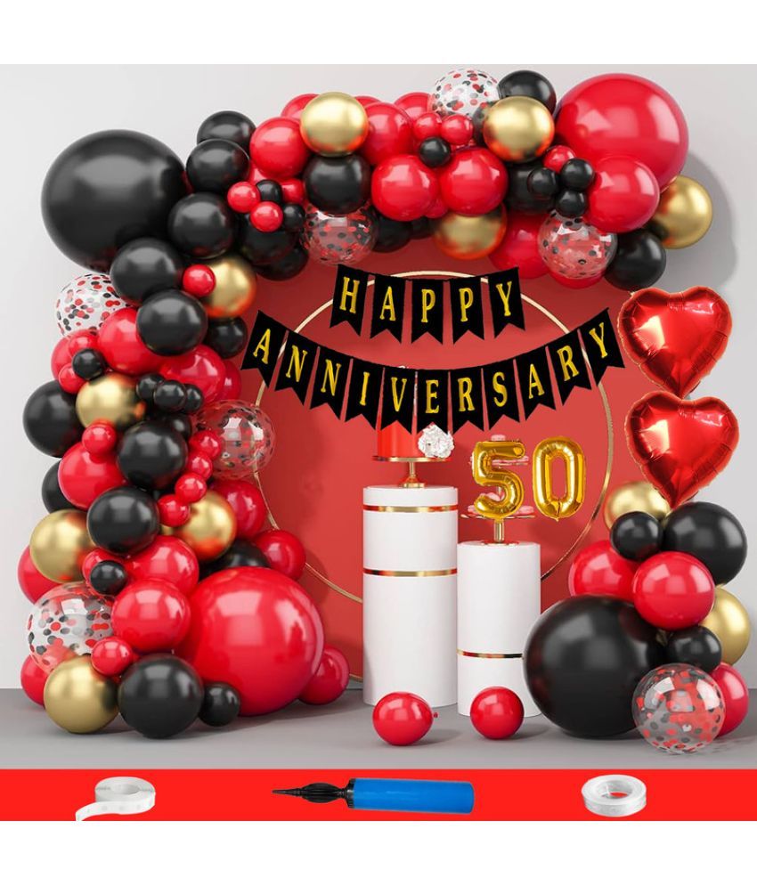     			CRAZYKART 50th Happy Anniversary Decoration Items Kit Combo For Wedding Party Decoration Pack Of 90 Pcs Red Black Gold