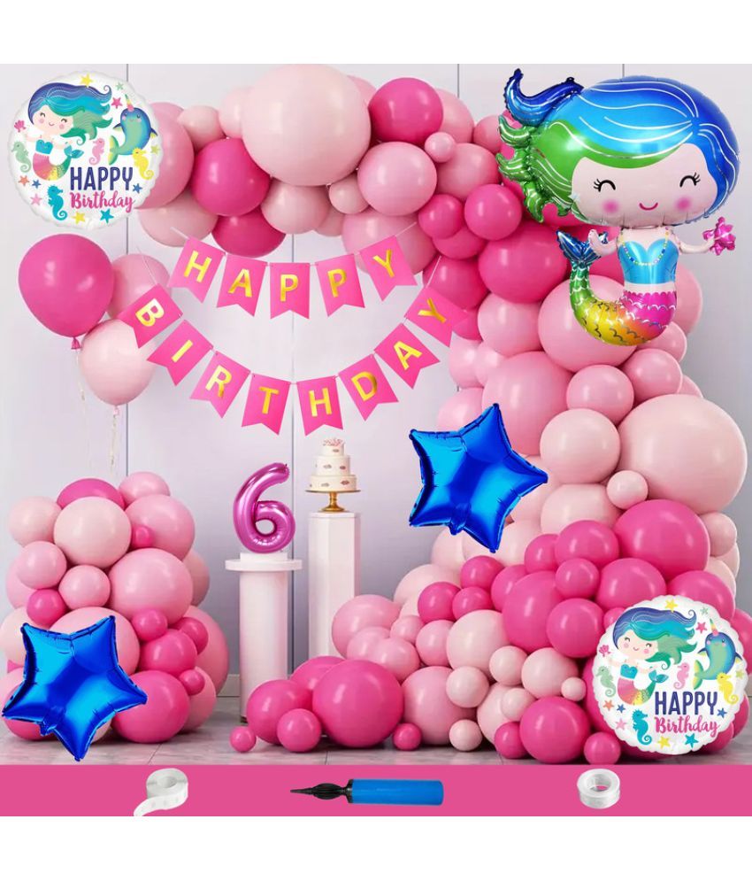     			CRAZYKART Baby Mermaid Theme Sixth 6th Birthday Decoration Items For Girls Party Decoration Kit Balloon Combo Pack Of 110 Pcs Pink