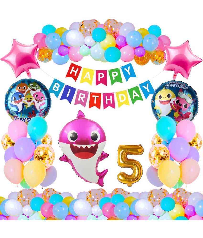     			CRAZYKART Baby Shark Theme Fifth 5th Birthday Decoration Items For Girls Party Decoration Kit Balloon Combo Pack Of 37 Pcs Pink