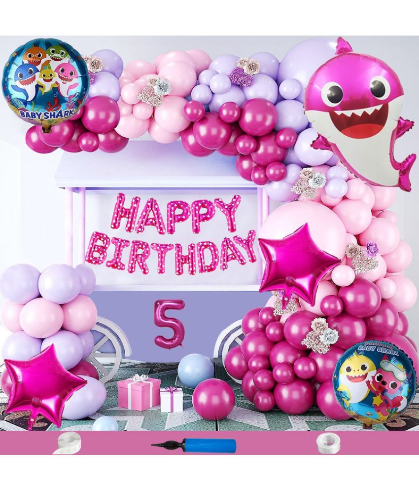     			CRAZYKART Baby Shark Theme Fifth 5th Birthday Decoration Items For Girls Party Decoration Kit Balloon Combo Pack Of 85 Pcs Pink