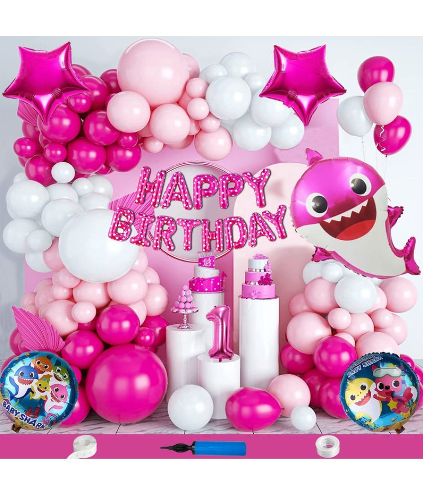     			CRAZYKART Baby Shark Theme First 1st Birthday Decoration Items For Girls Party Decoration Kit Balloon Combo Pack Of 135 Pcs Pink