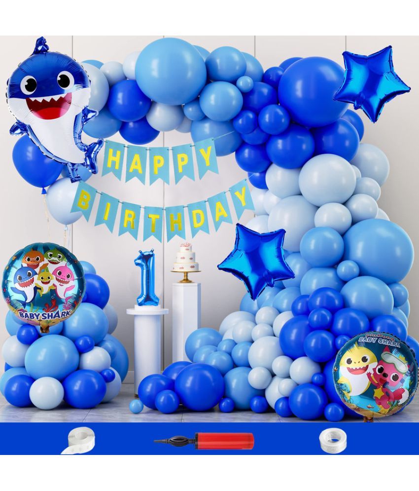     			CRAZYKART Baby Shark Theme First 1st Birthday Decoration Items For Boys Party Decoration Kit Balloon Combo Pack Of 110 Pcs Blue