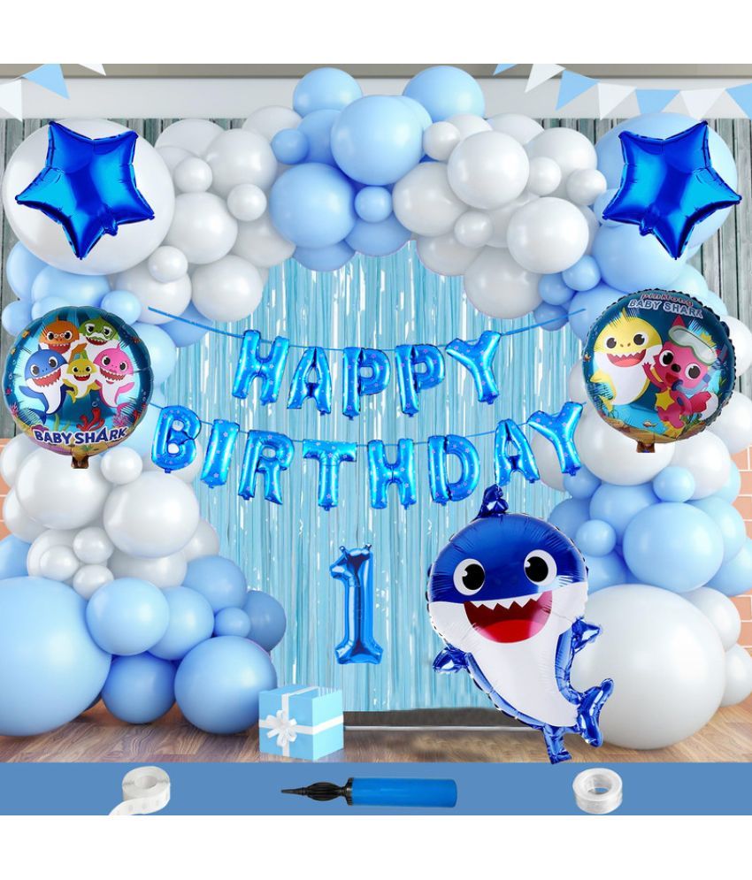     			CRAZYKART Baby Shark Theme First 1st Birthday Decoration Items For Boys Party Decoration Kit Balloon Combo Pack Of 112 Pcs Blue