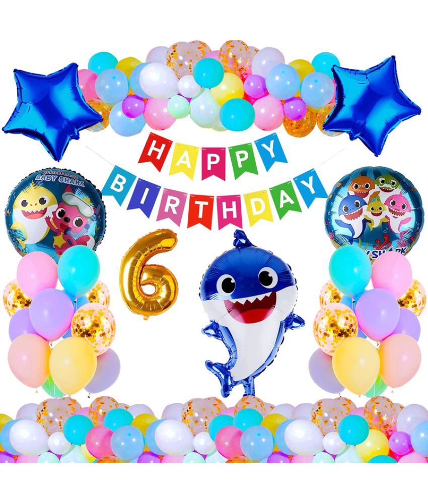     			CRAZYKART Baby Shark Theme Sixth 6th Birthday Decoration Items For Boys Party Decoration Kit Balloon Combo Pack Of 37 Pcs Blue