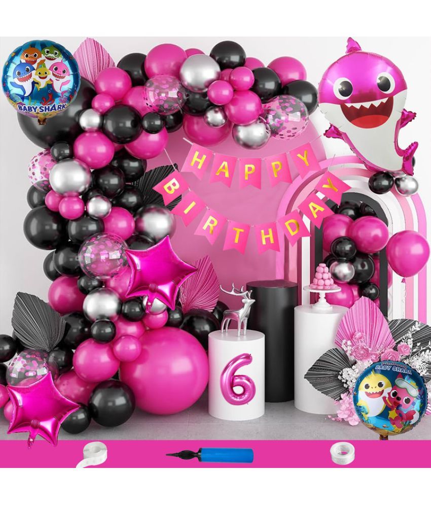     			CRAZYKART Baby Shark Theme Sixth 6th Birthday Decoration Items For Girls Party Decoration Kit Balloon Combo Pack Of 90 Pcs Pink