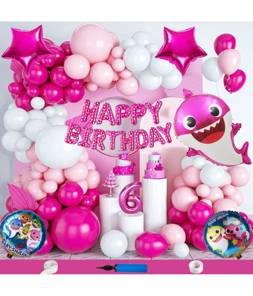     			CRAZYKART Baby Shark Theme Sixth 6th Birthday Decoration Items For Girls Party Decoration Kit Balloon Combo Pack Of 135 Pcs Pink