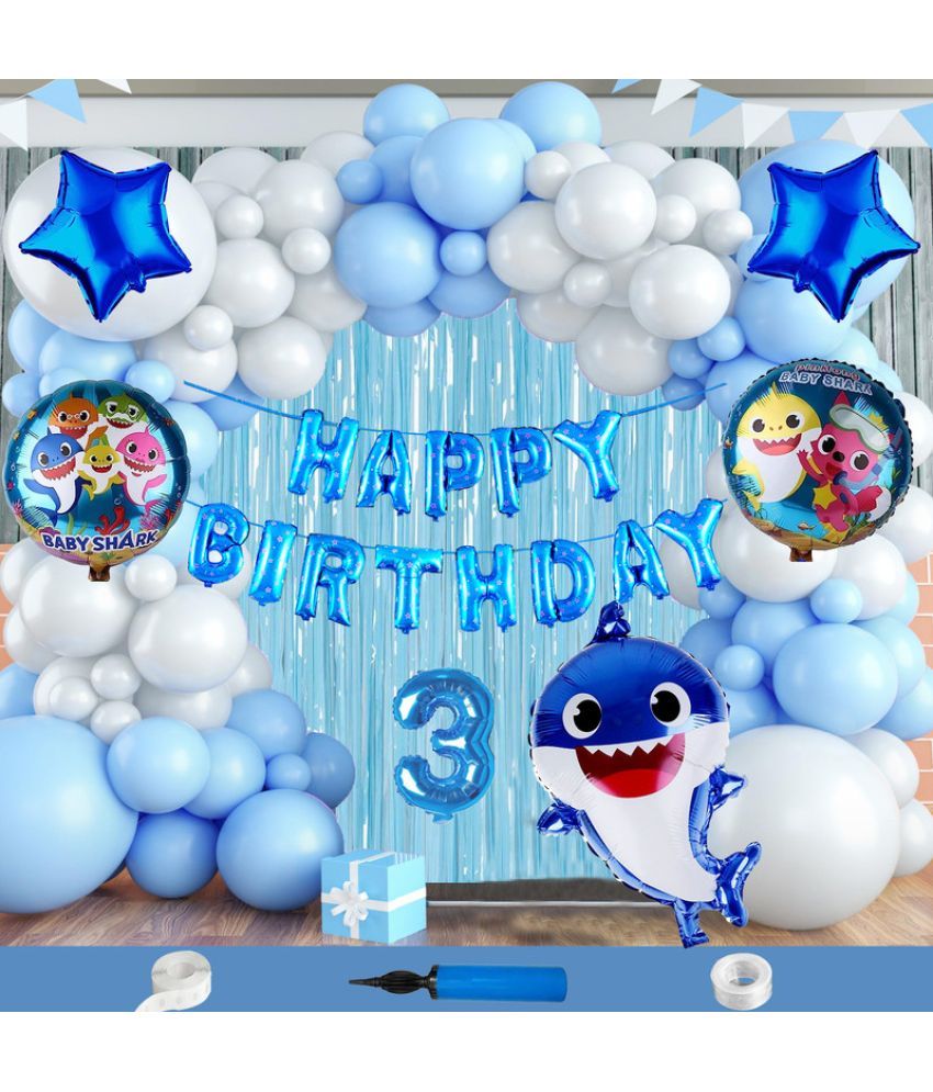     			CRAZYKART Baby Shark Theme Third 3rd Birthday Decoration Items For Boys Party Decoration Kit Balloon Combo Pack Of 112 Pcs Blue