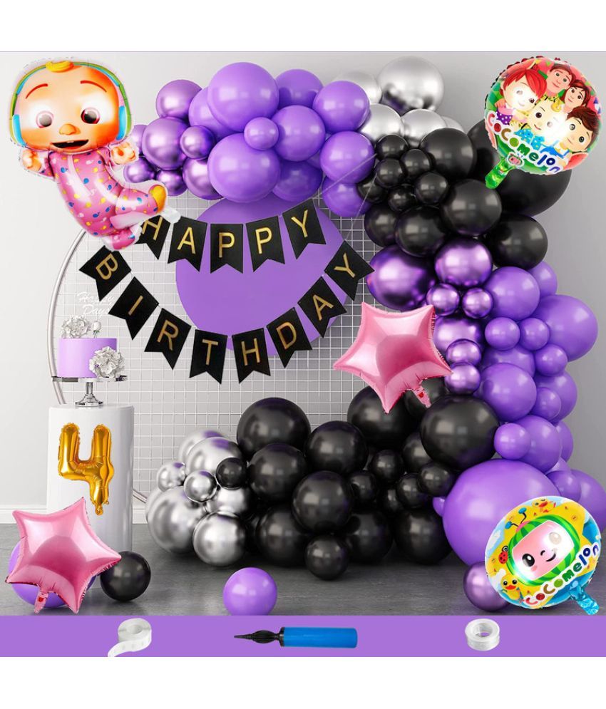     			CRAZYKART Cocomelon Theme Fourth 4th Birthday Decoration Items For Girls Party Decoration Kit Balloon Combo Pack Of 110 Pcs Purple