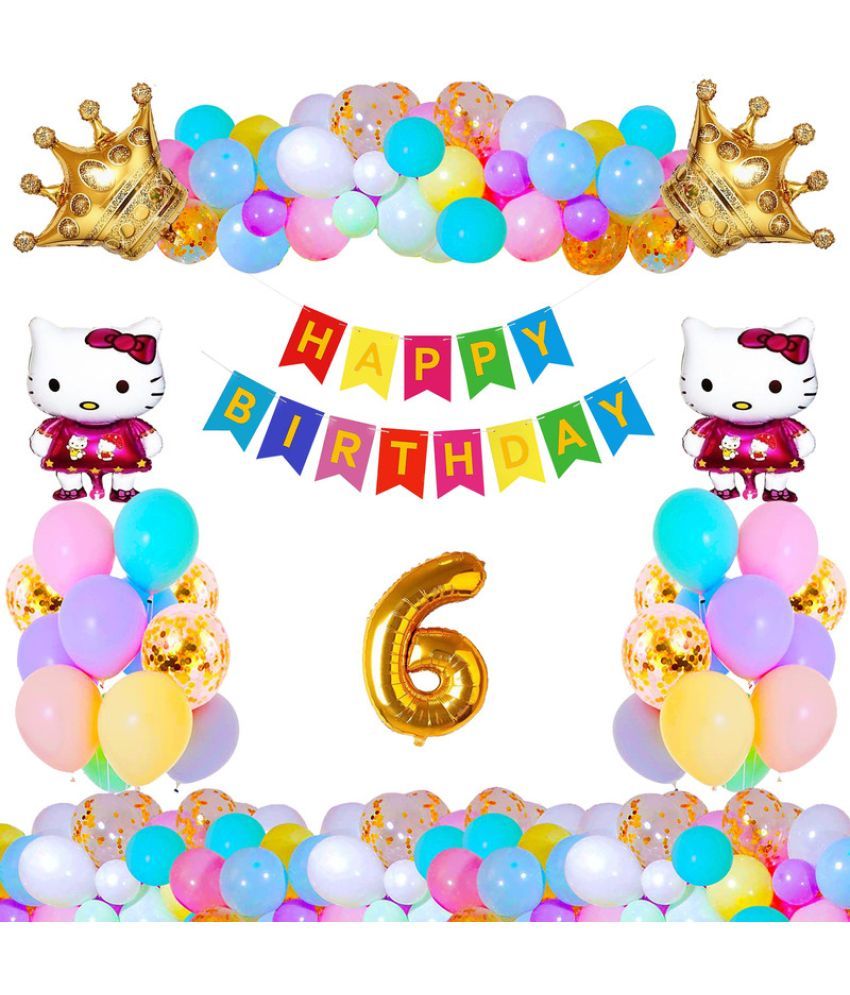     			CRAZYKART Hello Kitty Crown Theme Sixth 6th Birthday Decoration Items For Boys Party Decoration Kit Balloon Combo Pack Of 36 Pcs Gold