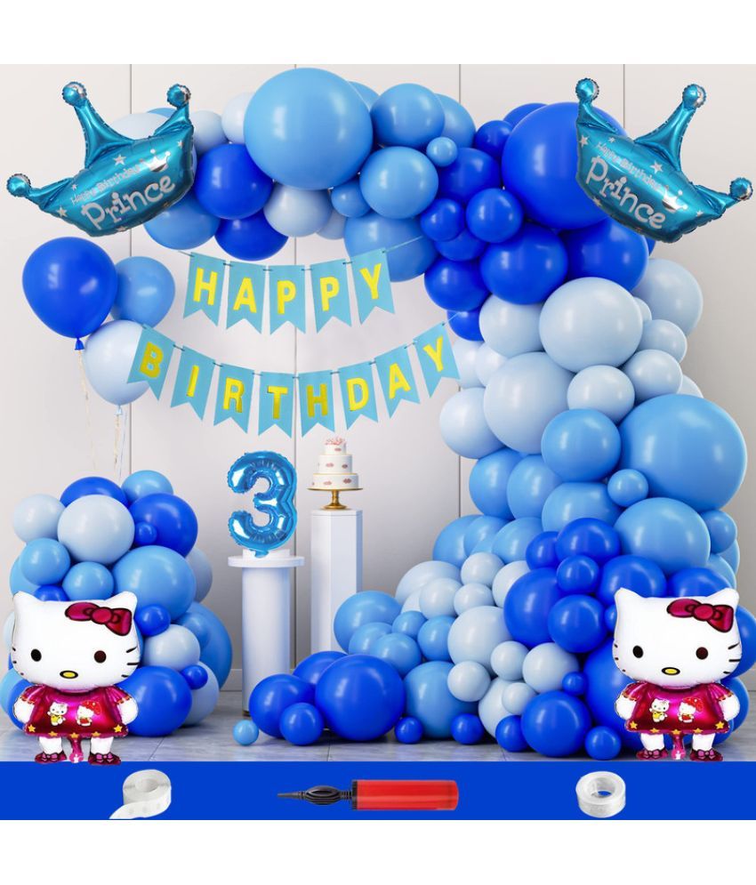     			CRAZYKART Hello Kitty Prince Crown Theme Third 3rd Birthday Decoration Items For Boys Party Decoration Kit Balloon Combo Pack Of 109 Pcs Blue