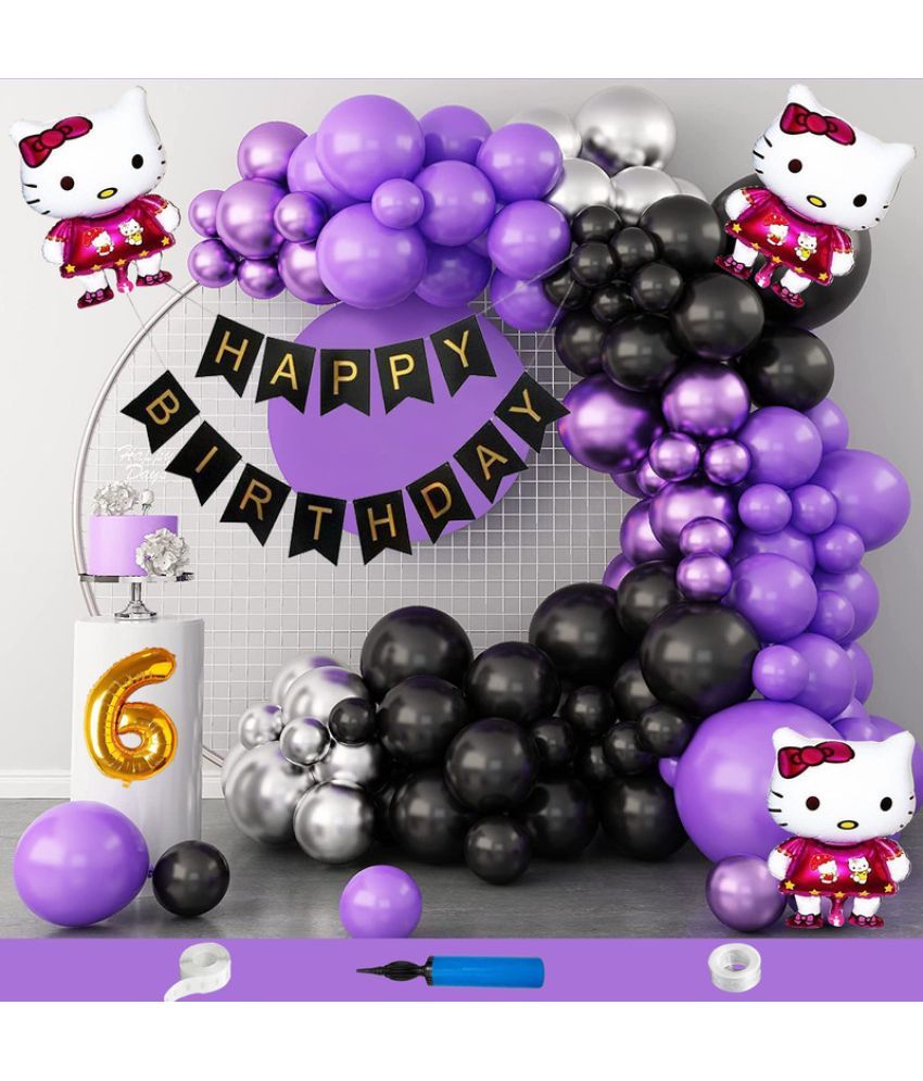     			CRAZYKART Hello Kitty Theme Sixth 6th Birthday Decoration Items For Girls Party Decoration Kit Balloon Combo Pack Of 108 Pcs Purple