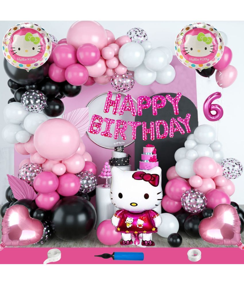     			CRAZYKART Hello Kitty Theme Sixth 6th Birthday Decoration Items For Girls Party Decoration Kit Balloon Combo Pack Of 115 Pcs Pink